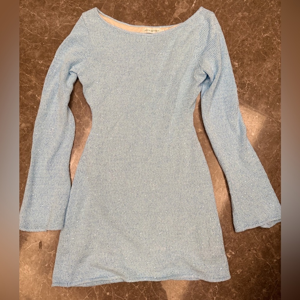 Asta resort Sparkle Knit Long-Sleeve Mini Dress in Light Blue
